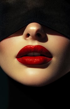 A woman with a red lip is wearing a black mask. The mask covers her face and lips, making her look mysterious and alluring photo