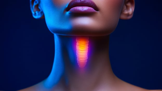 A woman's neck is glowing in the dark blue background. The neck is the main focus of the image, and the glowing effect adds a sense of mystery and intrigue to the scene photo