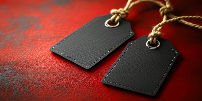 Two tags are hanging from a rope on a red background. The tags are black and have a white circle in the middle photo