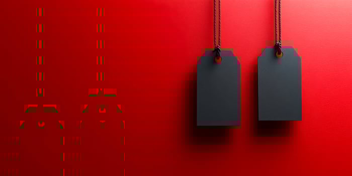 Two tags are hanging from a red background photo