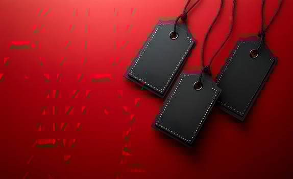 Three black tags are hanging from a red background. The tags are black and have a silver or gold design. The tags are hanging from a red background, which creates a sense of contrast photo