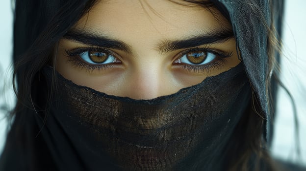 A woman with brown eyes and a black scarf covering her face. photo