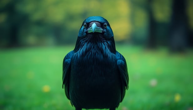 A black bird with a yellow beak is standing on a green field. The bird is looking directly at the camera, creating a sense of curiosity and intrigue photo
