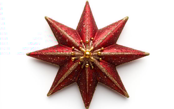 A red star with gold and silver decorations. The star is the center of attention and is surrounded by a white background. The star is shiny and sparkly, giving it a festive and celebratory feel photo