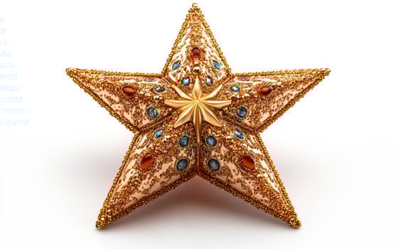 A gold star with blue and red beads on it. The star is shiny and has a glittery appearance photo