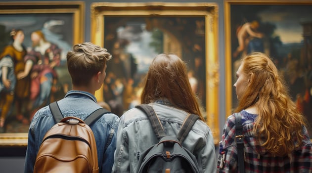 Students visiting the museum of art painting and enjoying the art gallery. photo