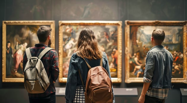 Students visiting the museum of art painting and enjoying the art gallery. photo