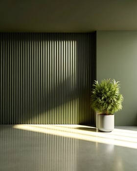 Green wall with a potted plant in front of it photo