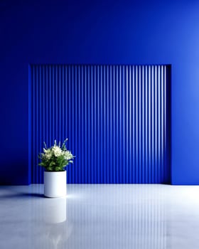 A blue wall with a white flower pot in front of it photo