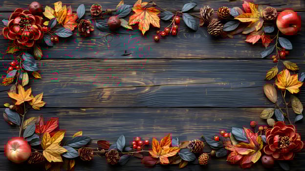 autumn leaves and berries on a wooden background, colorful summer floral with fruit on black rustic wooden table with space blank for text isolated in background, summer concept photo