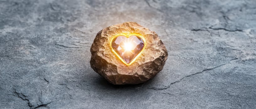 Glowing heart shaped crystal in rocky formation photo