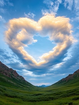 heart shaped clouds over a scenic mountain valley photo