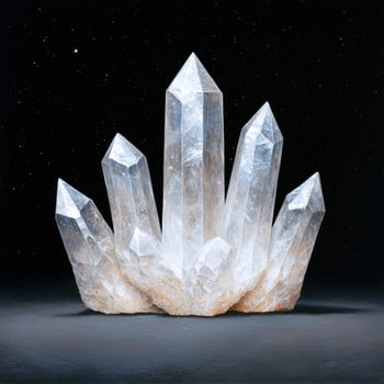 Cluster of large clear quartz crystals against a dark background photo