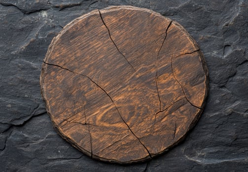 Closeup of a cracked wooden log slice on a dark slate background photo