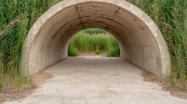Concrete tunnel through lush green field photo