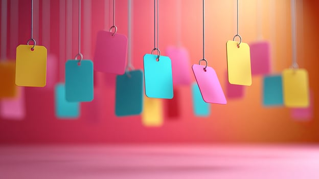 Colorful tags hanging from strings on a pink background photo