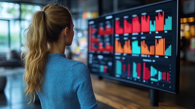 A woman looking at a large screen with data on it photo