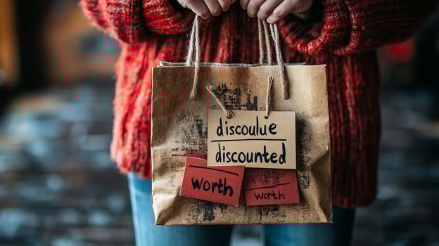 Woman holding shopping bag with words 'discounted' and 'discounted woman' photo