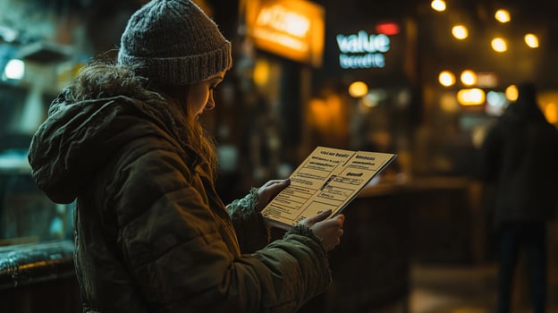 A woman is reading a menu at night photo