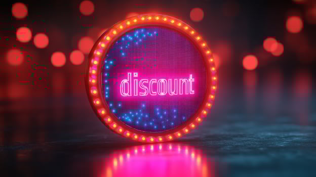 Discount sign with glowing lights on a dark background photo