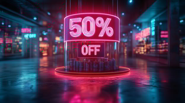 50 percent off sale sign in a dark city street photo