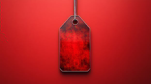 Red price tag hanging on a red background photo