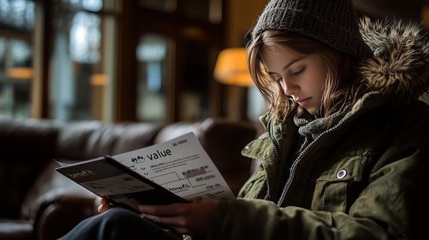 A young woman in a coat reading a newspaper photo