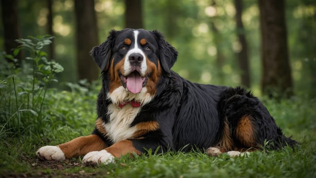 A Bernese Mountain Dog lounging peacefully in a lush forest setting. photo