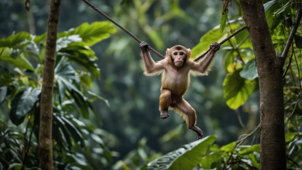 A monkey swinging between trees in a lush, green forest. photo