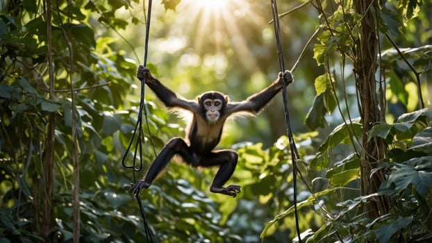 A monkey swinging through lush greenery, illuminated by sunlight. photo