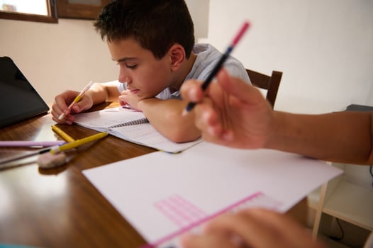 Focused young boy doing homework at the table photo