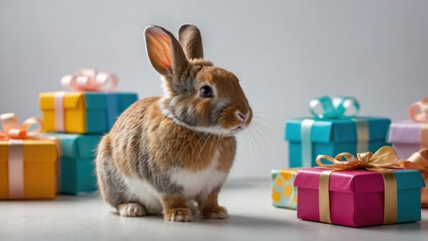 A cute rabbit sits among colorful gift boxes, creating a festive atmosphere. photo