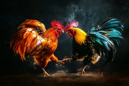 Colorful Roosters Engaged in Dramatic Battle photo