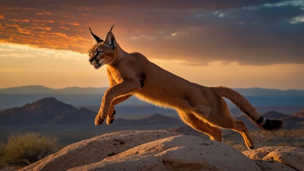 A caracal leaps gracefully over rocks against a stunning sunset backdrop. photo