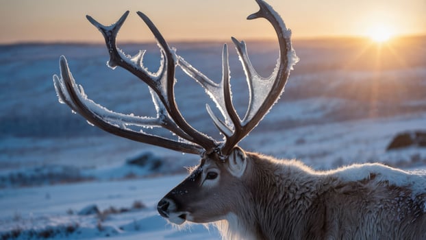 A majestic reindeer with large antlers stands against a snowy landscape at sunset. photo