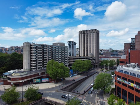 Aerial View of Buildings at Central Bristol City of Southwest of England, United Kingdom. The High Angle Footage Was Captured with Drone's Camera from High Altitude on May 27th, 2024. photo