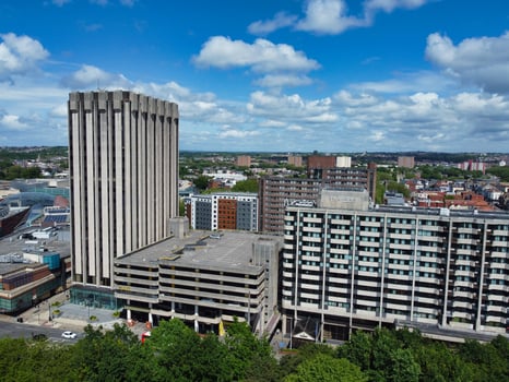 Aerial View of Buildings at Central Bristol City of Southwest of England, United Kingdom. The High Angle Footage Was Captured with Drone's Camera from High Altitude on May 27th, 2024. photo