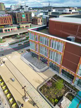 High Angle View of Buildings at Downtown Central Northampton City of East Midlands Region of England Great Britain. Aerial Footage Was Captured with Drone's Camera on April 26th, 2024 photo