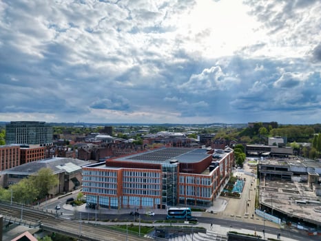 High Angle View of Buildings at Downtown Central Northampton City of East Midlands Region of England Great Britain. Aerial Footage Was Captured with Drone's Camera on April 26th, 2024 photo