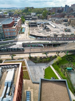 High Angle View of Buildings at Downtown Central Northampton City of East Midlands Region of England Great Britain. Aerial Footage Was Captured with Drone's Camera on April 26th, 2024 photo