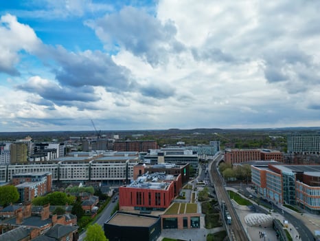 High Angle View of Buildings at Downtown Central Northampton City of East Midlands Region of England Great Britain. Aerial Footage Was Captured with Drone's Camera on April 26th, 2024 photo
