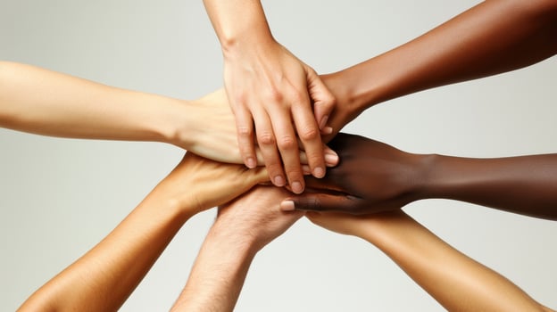 A diverse group of hands symbolizes unity in advocating for equitable healthcare access, empowering all communities to achieve better health outcomes and ensuring no one is left behind photo