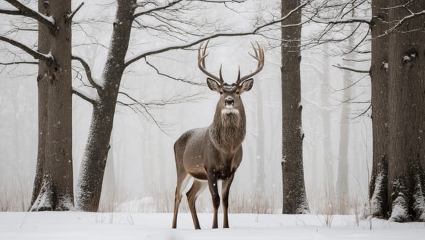 A deer stands in the middle of a snowy forest photo