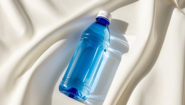 A blue plastic water bottle on a white cloth photo