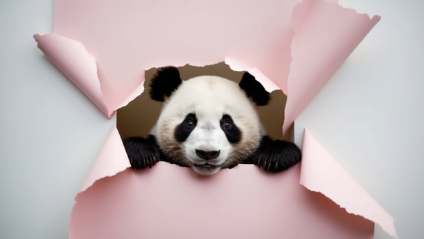 Panda bear peeking out from a hole in a pink paper photo