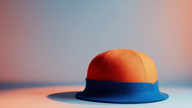 An orange and blue hat sitting on a table photo
