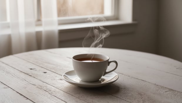 A cup of tea sits on a table with a white saucer photo