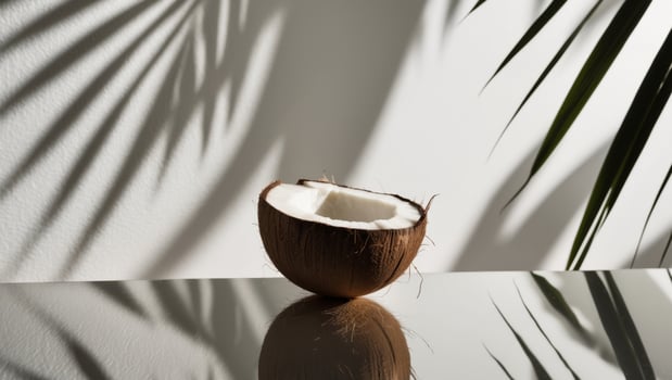 A coconut is sitting on a table with a shadow photo