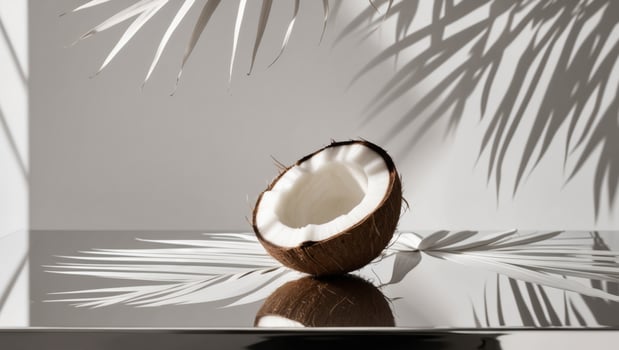 A coconut is sitting on a table with a shadow photo