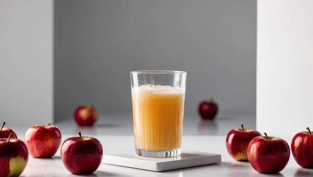 A glass of juice with apples on a white table photo